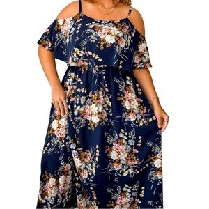 Floral Cold Shoulder Ruffle Trim Dress EUC